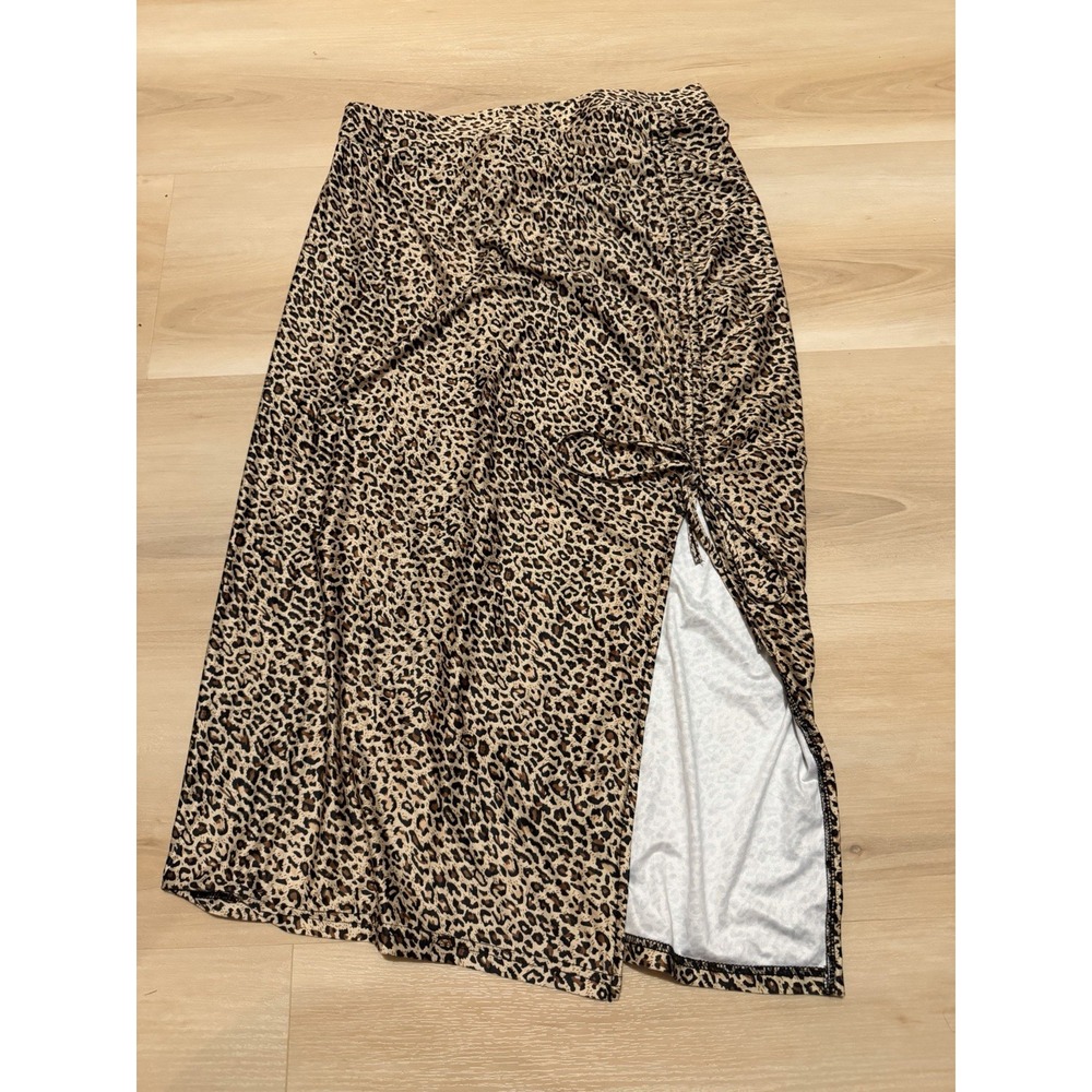 SheIn Skirt Womens Large Brown Leopard Print Ruched Midi Slit Stretch Casual